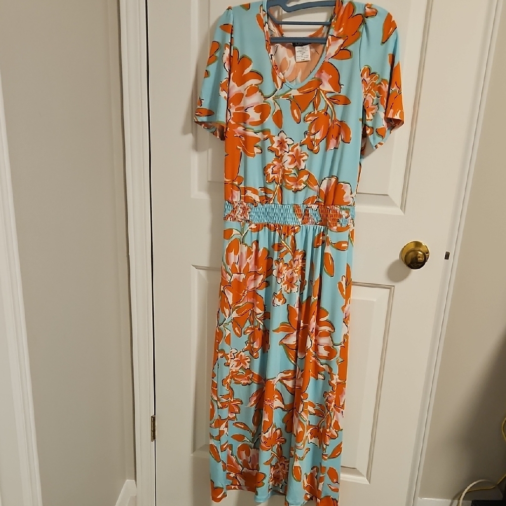 💖 $5 Add To Bundle Orange and Blue Flutter Sleeve V-Neck Sundress💖